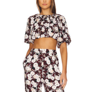 Minkpink 'Maya' White Floral Print Baloon Sleeve Cropped Top Size S